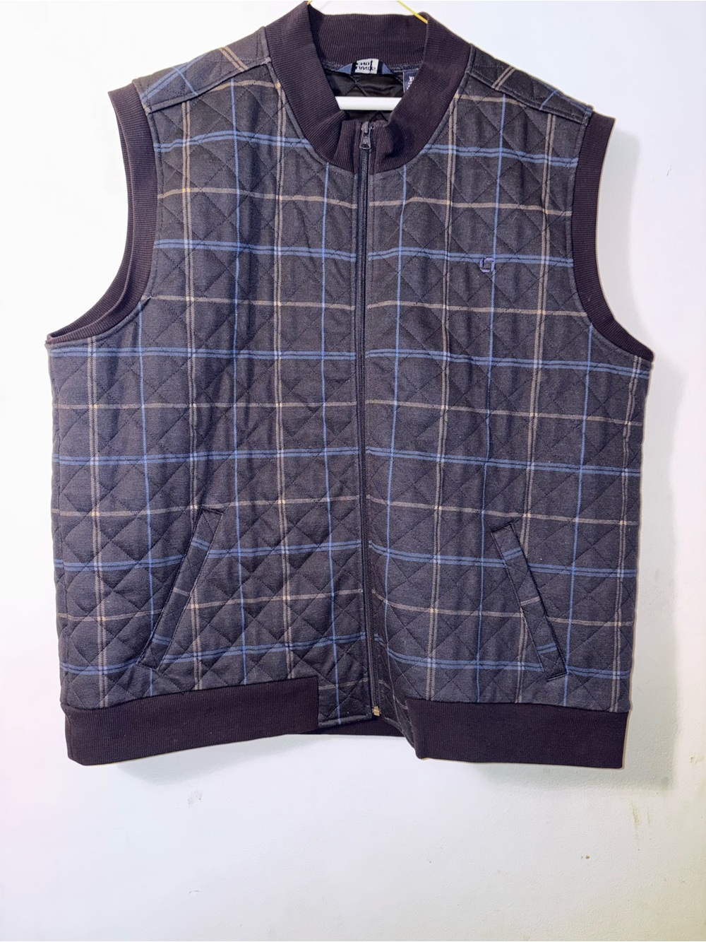 Lands' End Quilted Plaid Sleeveless Vest - Black with Blue Windowpane (chase)